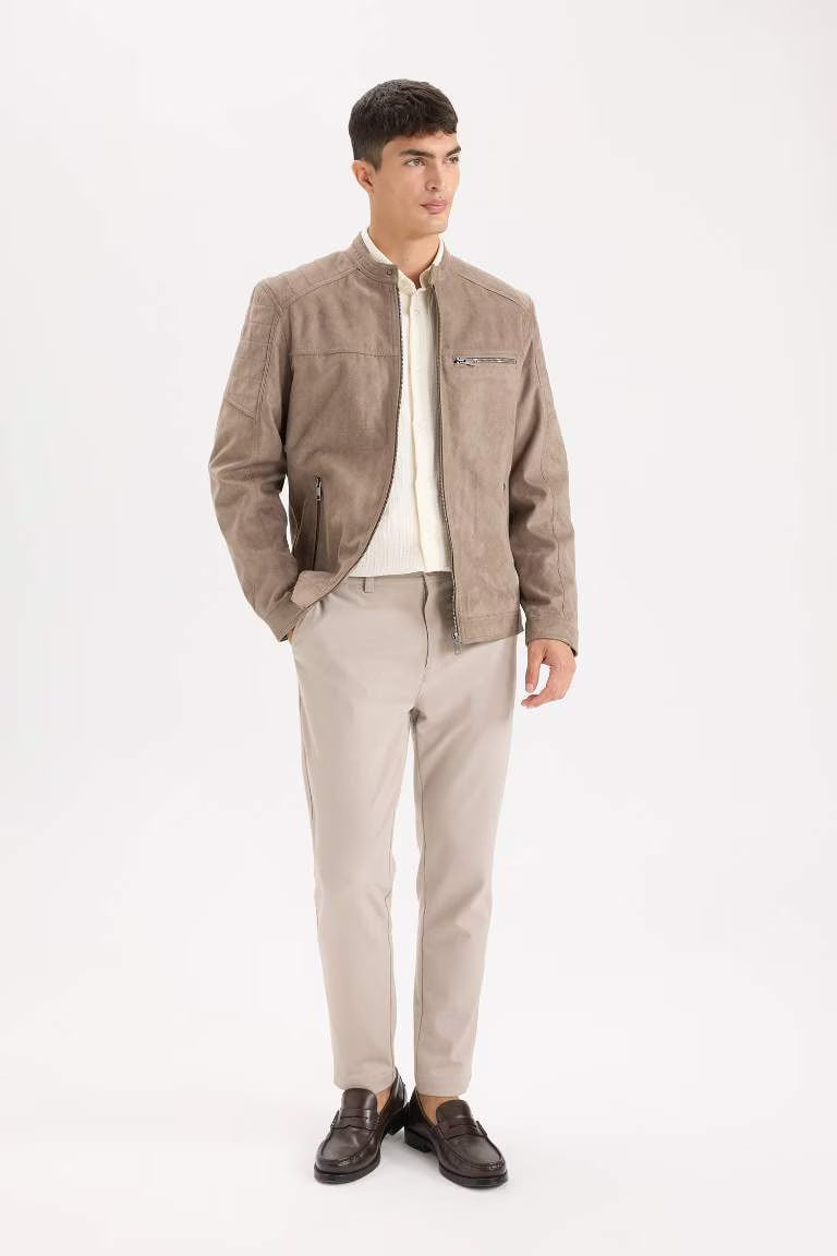 Slim Fit Stand Collar Zippered Suede Look Jacket - -