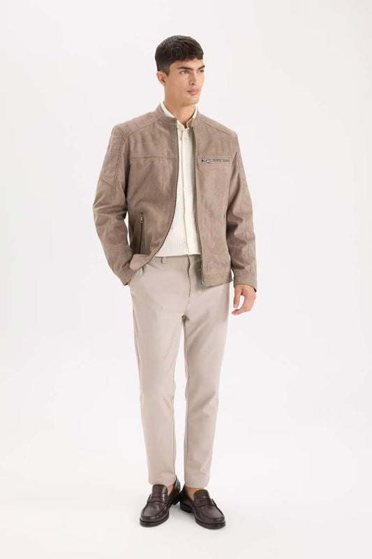 Slim Fit Stand Collar Zippered Suede Look Jacket - -