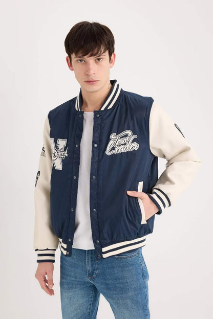 Waterproof Oversize Fit College Collar Embroidered Bomber Jacket - - Navy