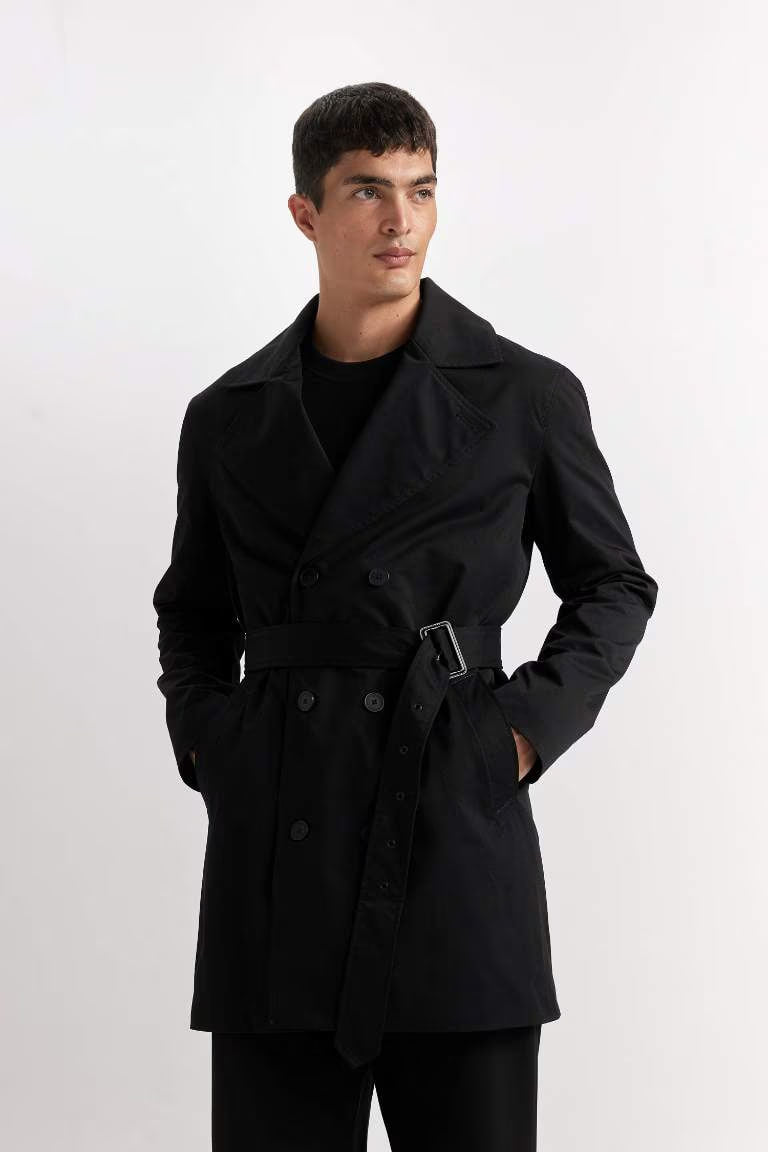 Slim Fit Buttoned Belted Trench Coat - - Black