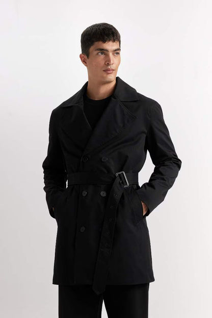 Slim Fit Buttoned Belted Trench Coat - - Black