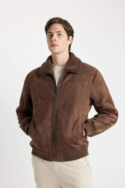 Slim Fit Lined Suede Puffer Jacket - - Brown