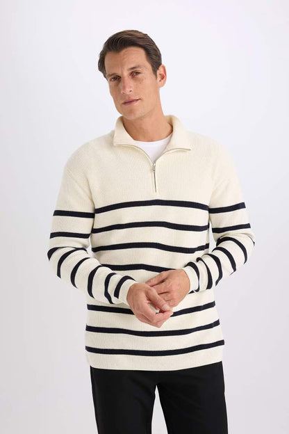 Standard Fit Stand Collar Striped Zippered Pullover - -