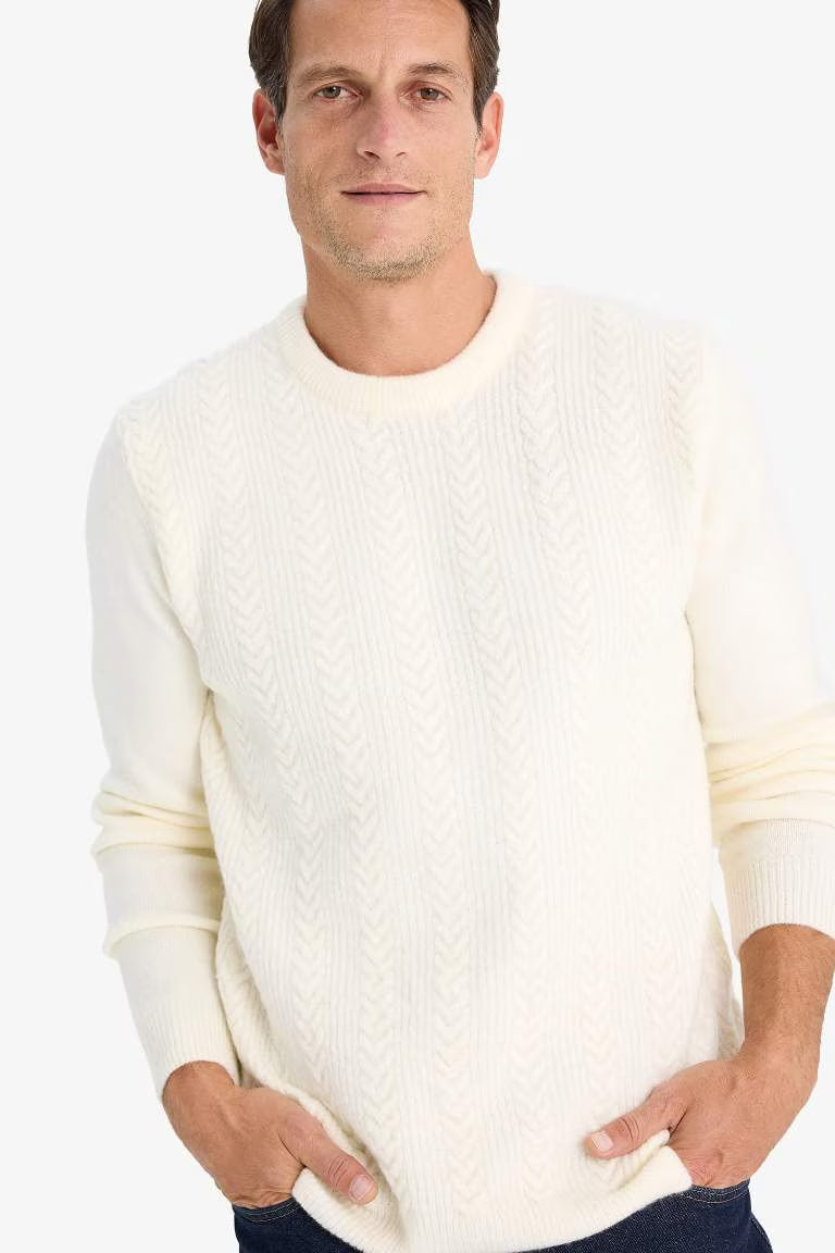 Standard Fit Crew Neck Knitwear Pullover - - Ecru