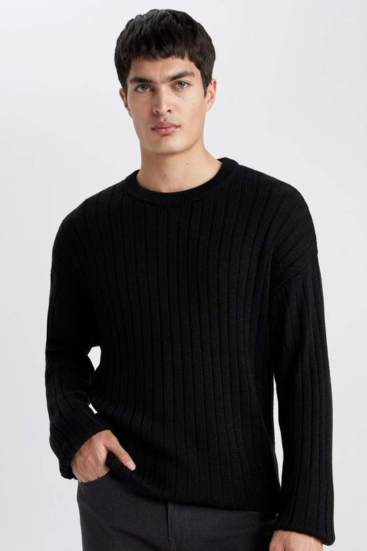 Relax Fit Crew Neck Knitted Basic Pullover - - Black