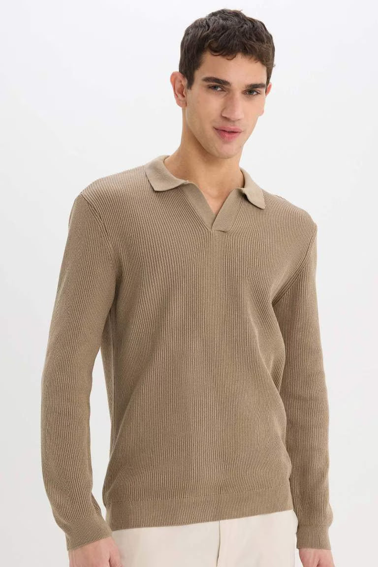 Standard Fit Polo Neck Knitted Pullover - - Beige
