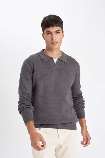 Standard Fit Polo Collar Knitwear Pullover - - anthracite