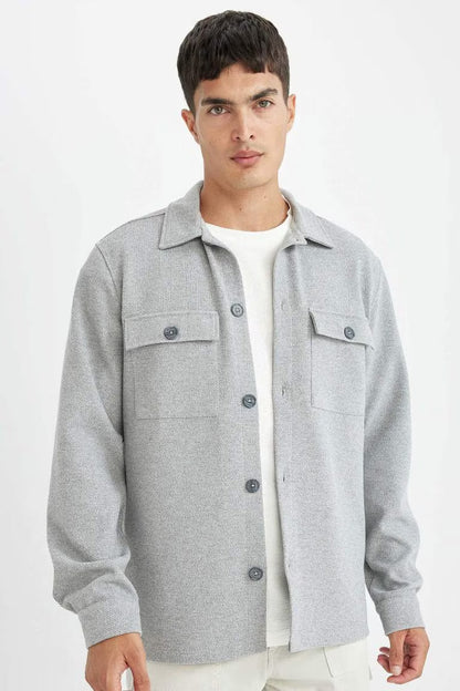 Regular Fit Polo Collar Twill Basic Shirt Jacket - -