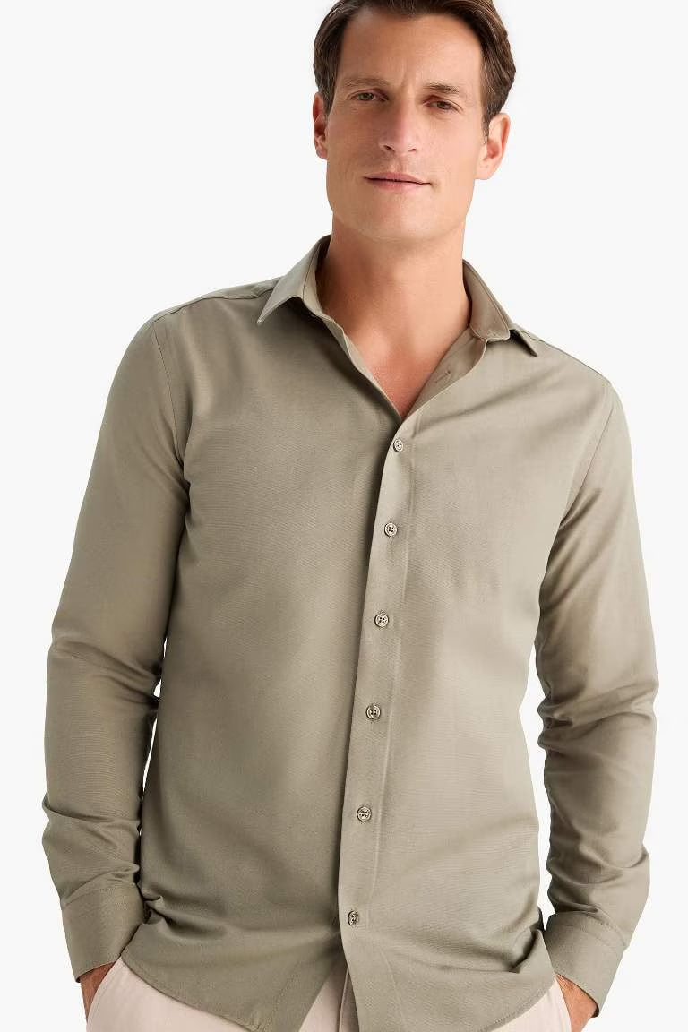 Slim Fit Polo Collar Oxford Long Sleeve Shirt - -