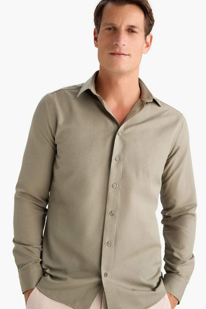 Slim Fit Polo Collar Oxford Long Sleeve Shirt - -