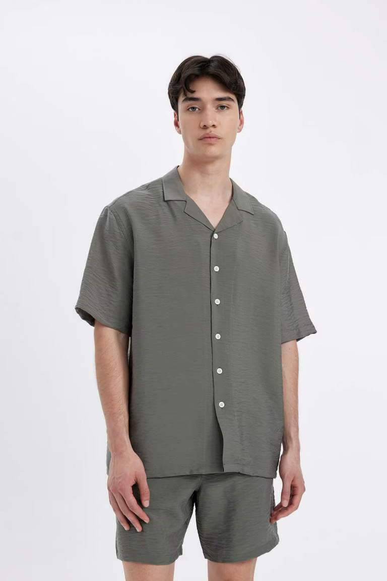 Relax Fit Polo Neck Short Sleeve Shirt - - khaki