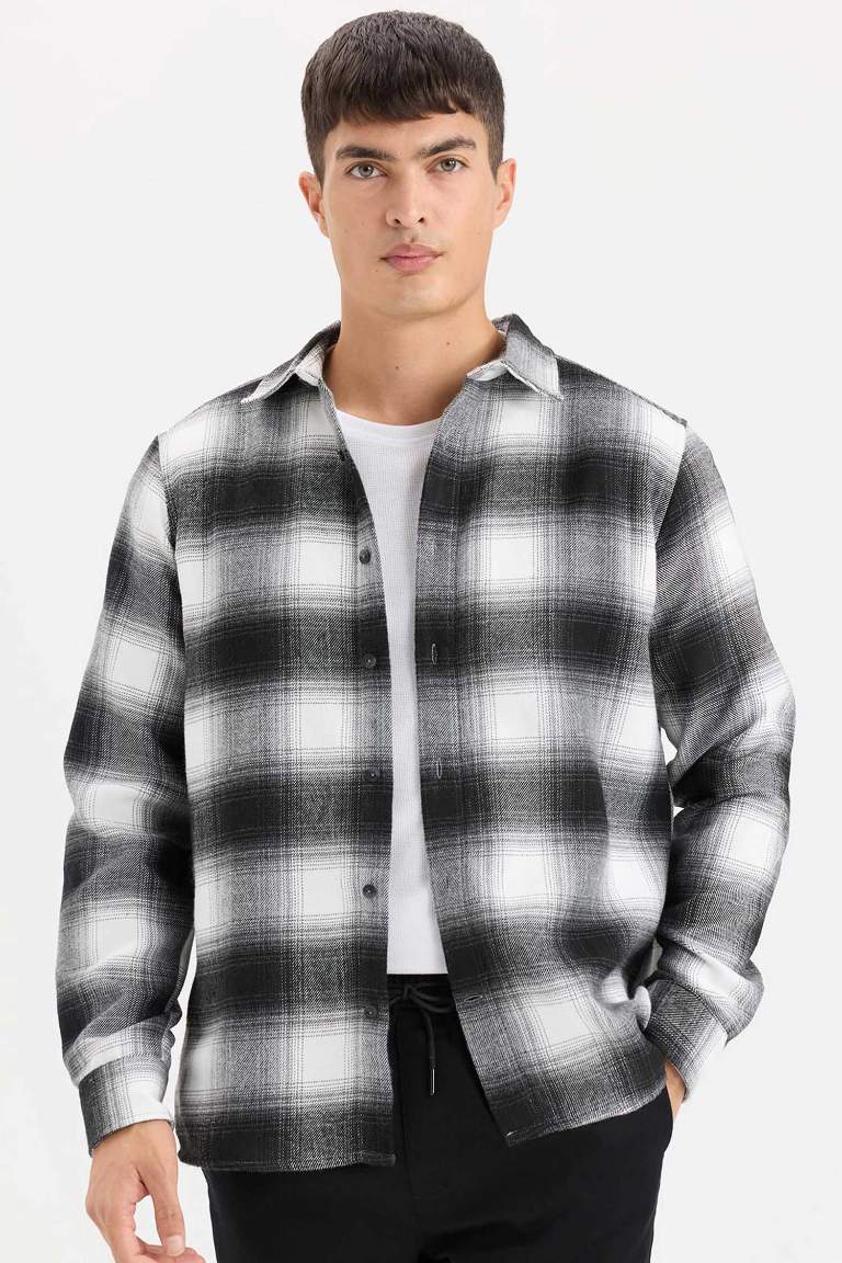 Regular Fit Flannel Long Sleeve Checkered Shirt - - Black