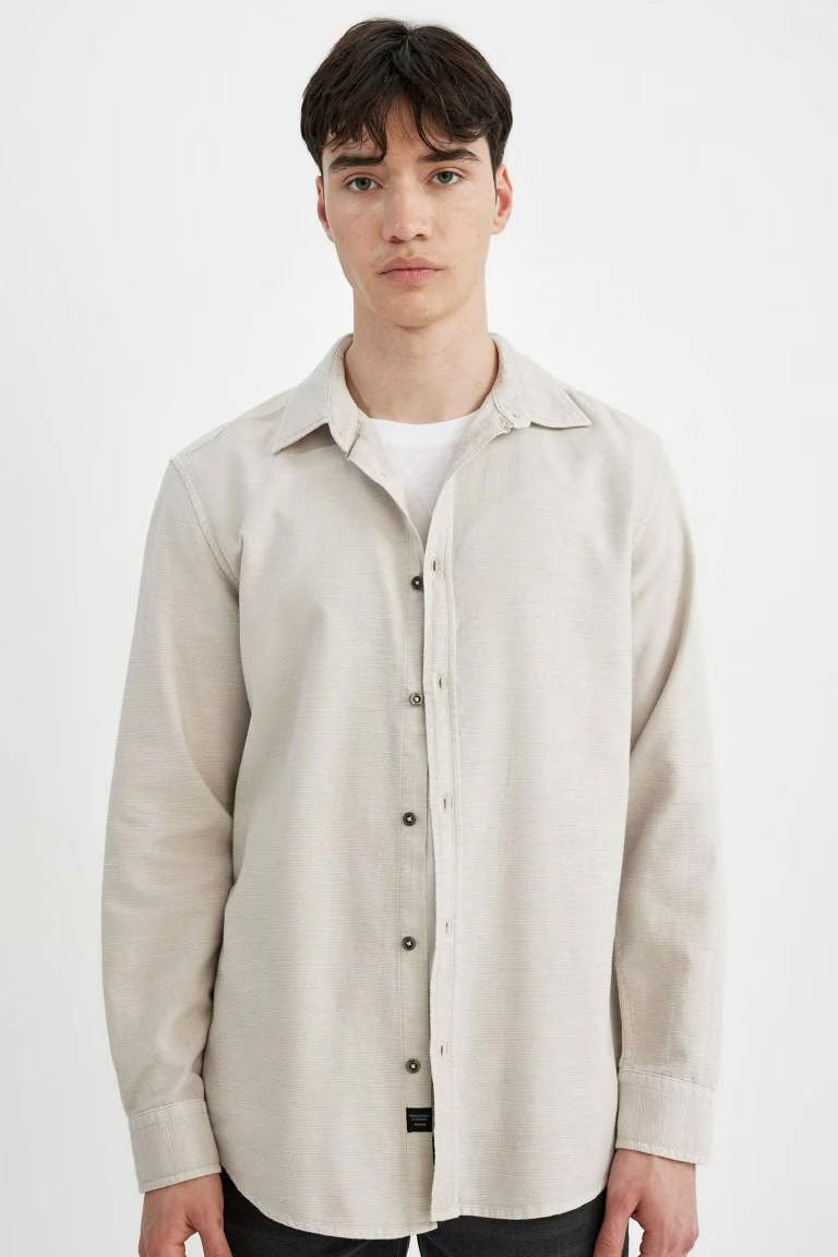 Slim Fit Cotton Long Sleeve Shirt - - stone