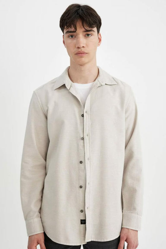 Slim Fit Cotton Long Sleeve Shirt - - stone