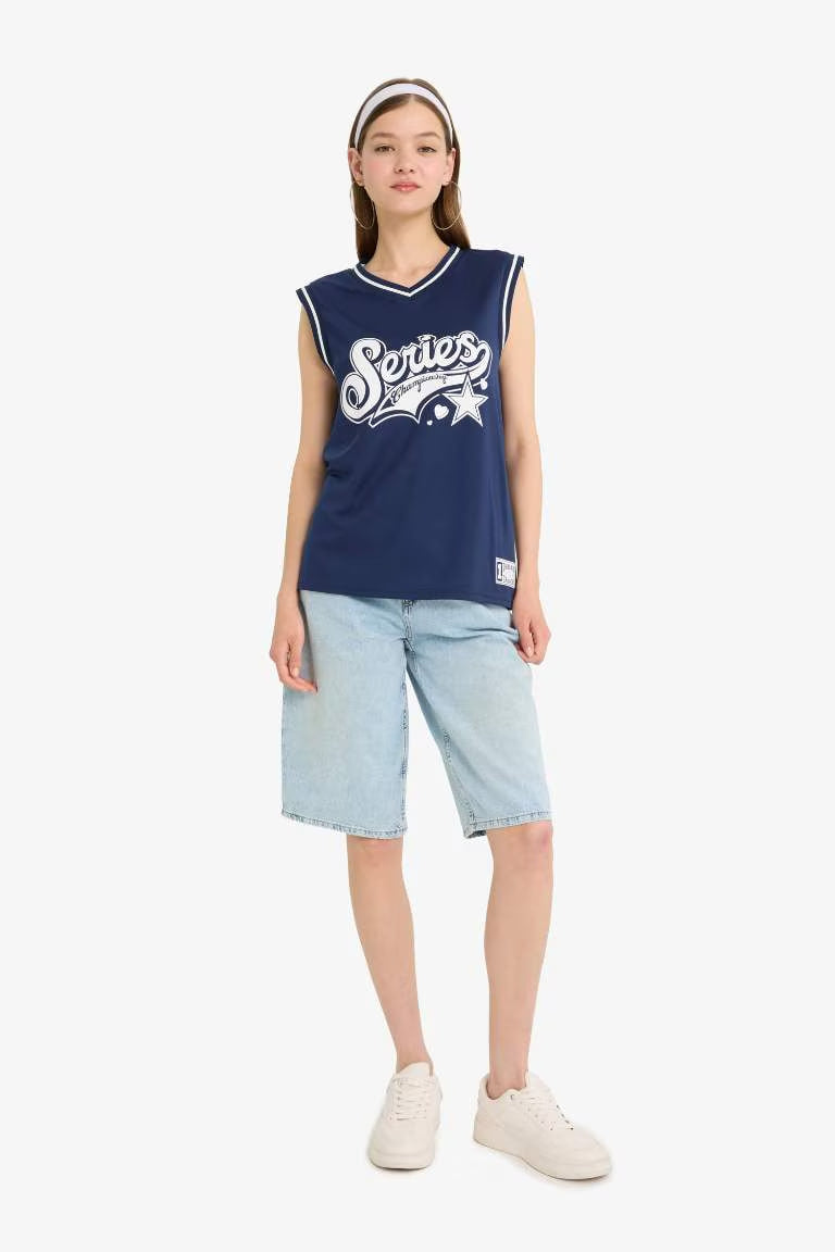 Oversize Fit Printed V-Neck Tank Top - - Navy