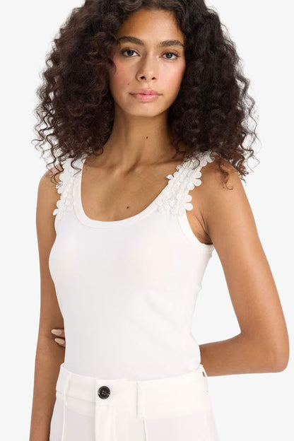Slim Fit Ribana Round Collar Tank Top - -