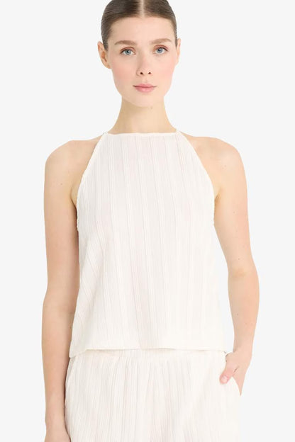 Regular Fit Crew Neck Crepe Blouse - -