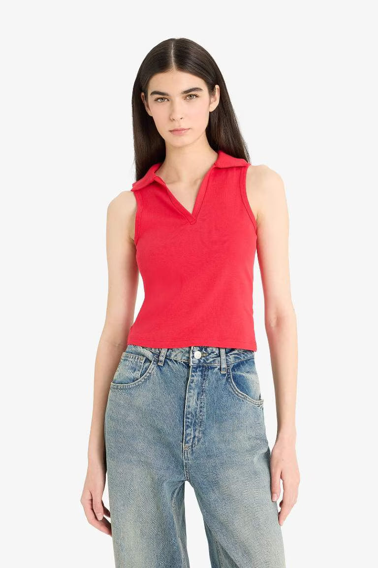 Slim Fit Polo Neck Ribbed Red Tank Top - -