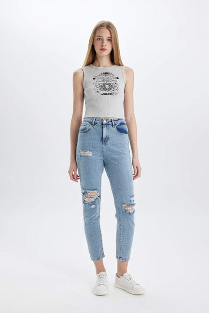 Fitted Printed Crew Neck Ribbed Camisole Crop Top - -