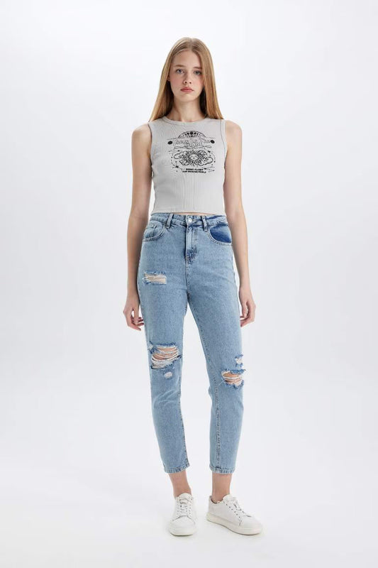 Fitted Printed Crew Neck Ribbed Camisole Crop Top - -
