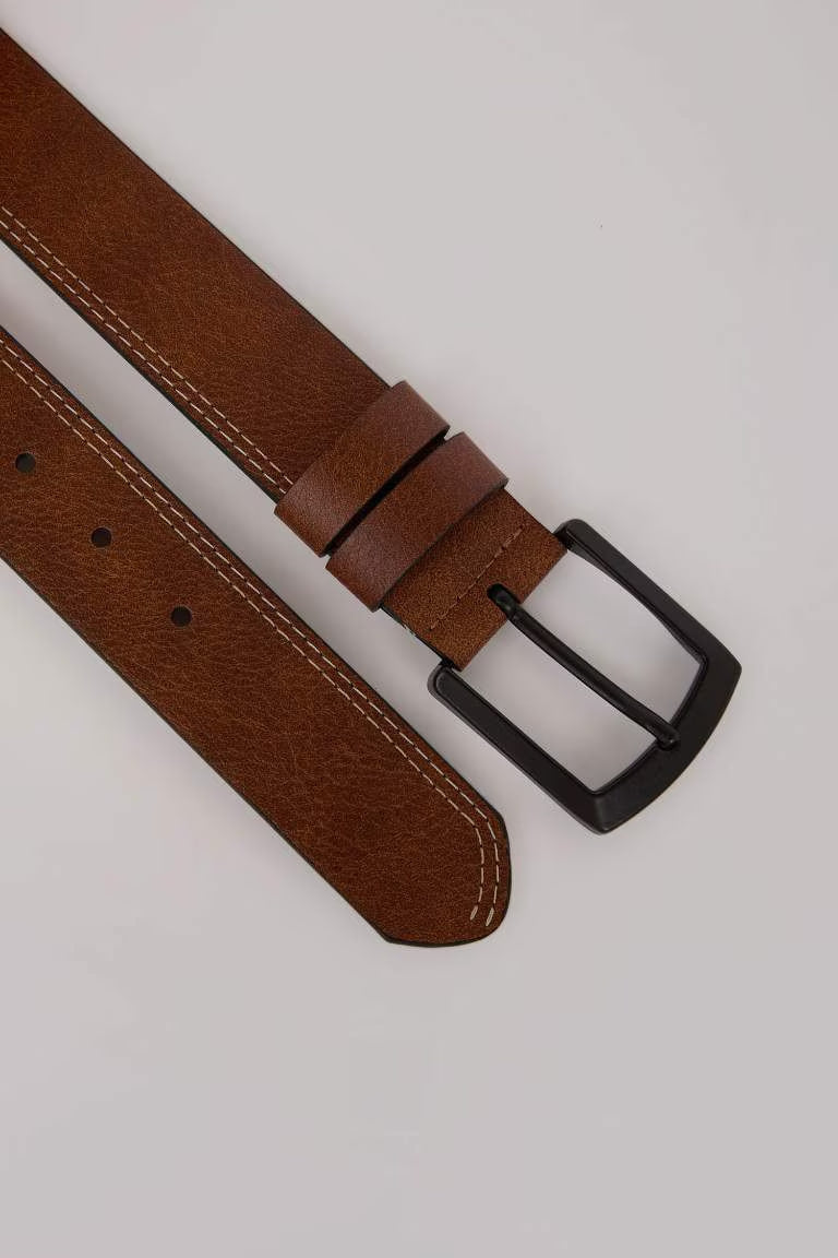 Man Square Buckle Faux Leather Casual Belt - -