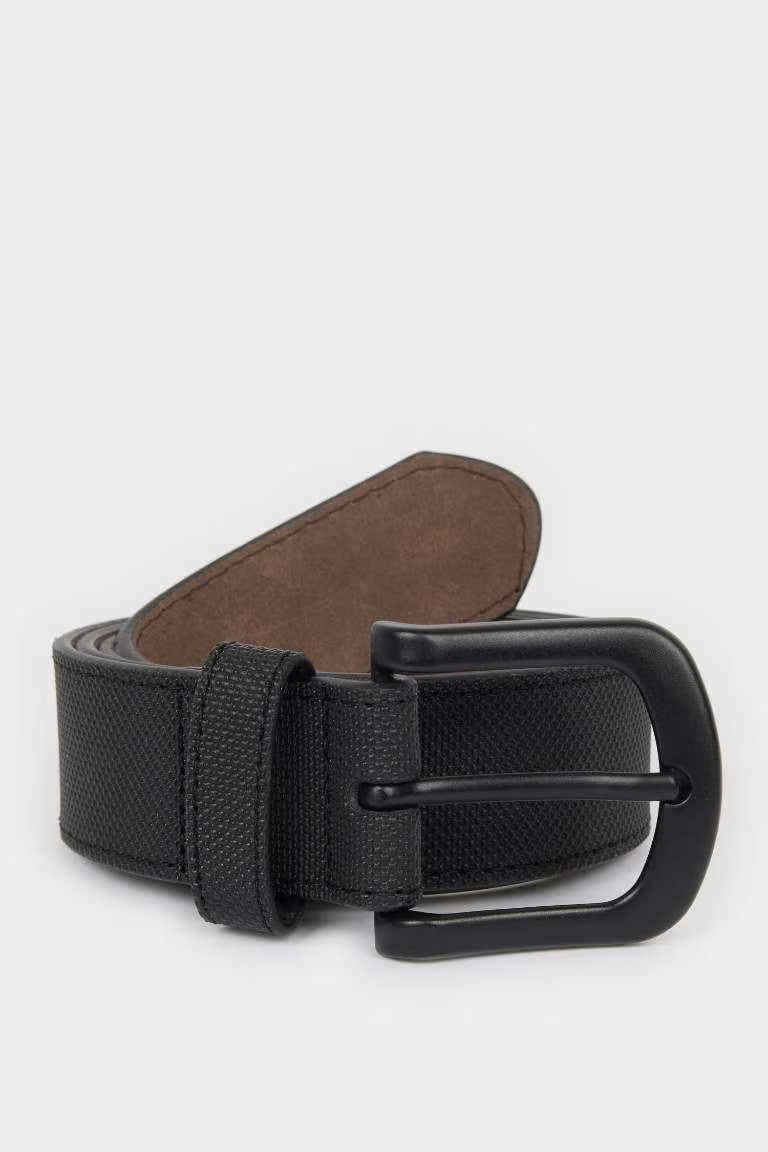 Man Oval Buckle Faux Leather Denim Belt - - Black