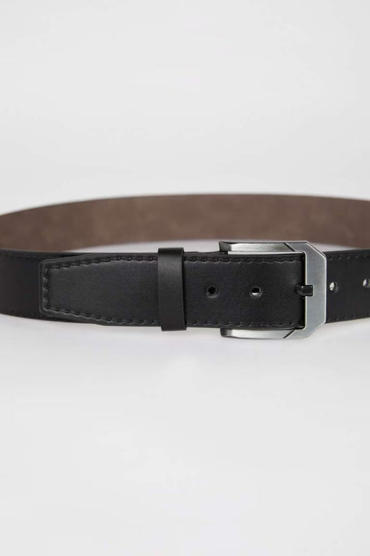 Man Rectangle Clasp Faux Leather Denim Belt - - Black
