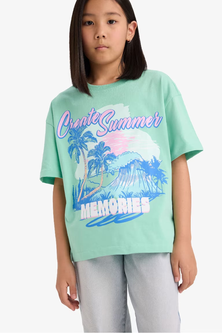 Girl Oversize Fit Crew Neck Slogan Printed T-shirt - - light mint
