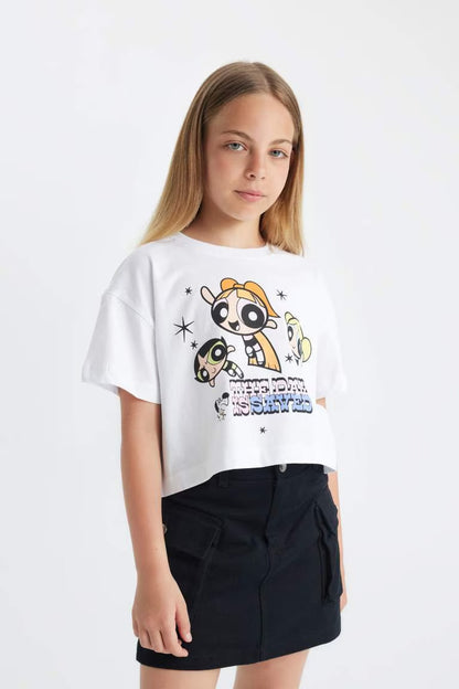 Girl PowerPuff Girls Short Sleeve T-Shirt - - Violet Beyaz