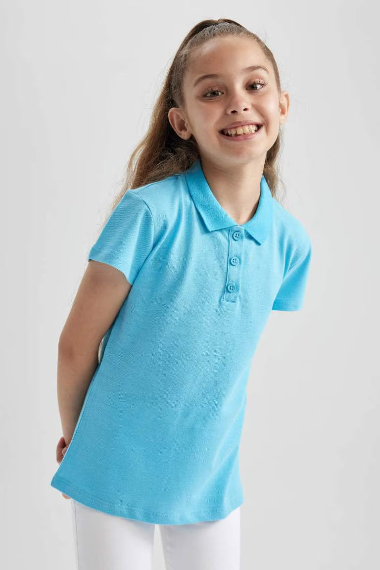 Girl Cotton Short Sleeve Basic Polo T-shirt - - Turquoise blue