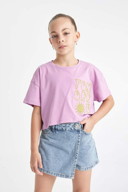 Girl Crew Neck Printed Crop T-Shirt - - lavender