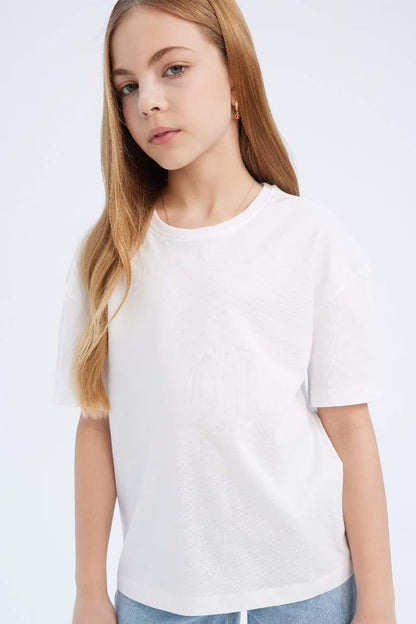 Girl Relax Fit Crew Neck Basic Short Sleeve T-Shirt - -
