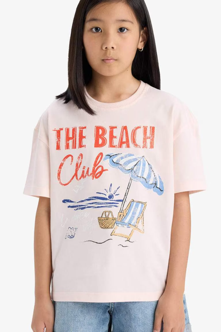 Girl Relax Fit Crew Neck Short Sleeve T-Shirt - - Pink