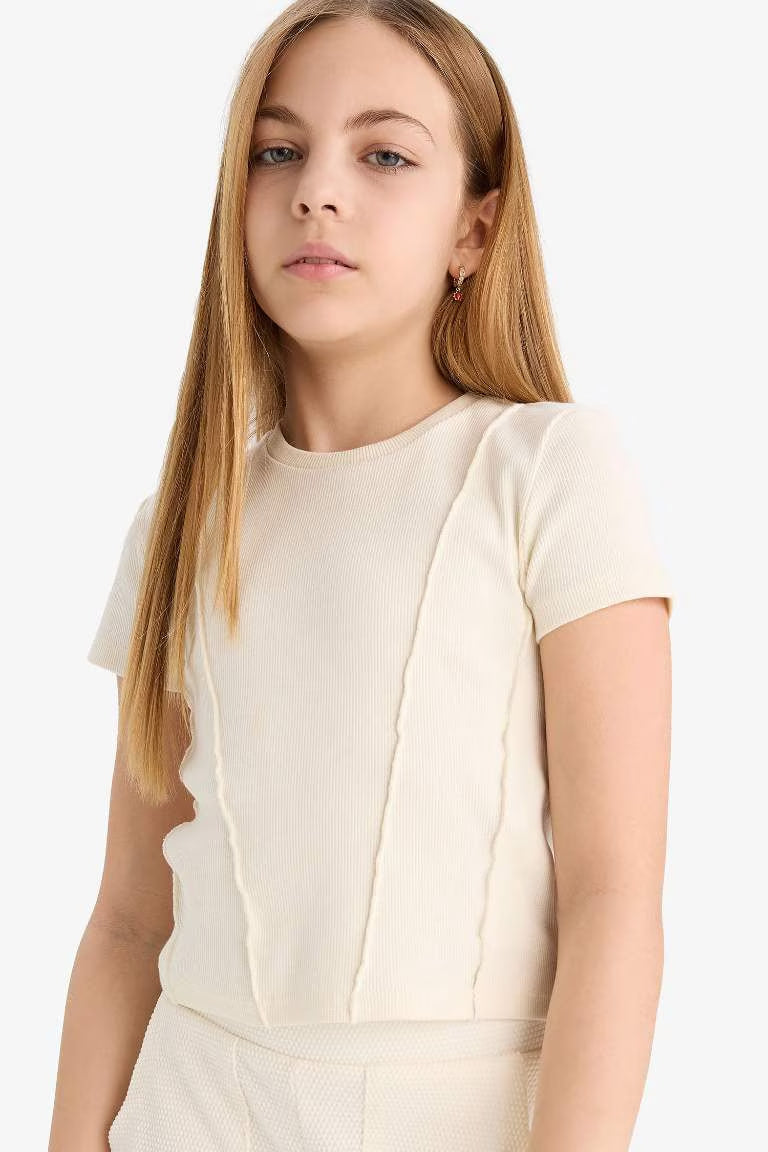 Girl Slim Fit Crew Neck Basic Rib T-Shirt - - Ecru