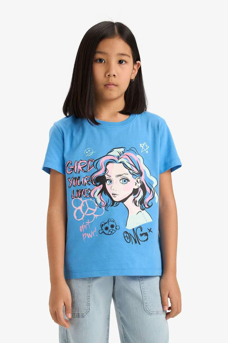 Girl Regular Fit Crew Neck Anime Printed T-Shirt - - Blue
