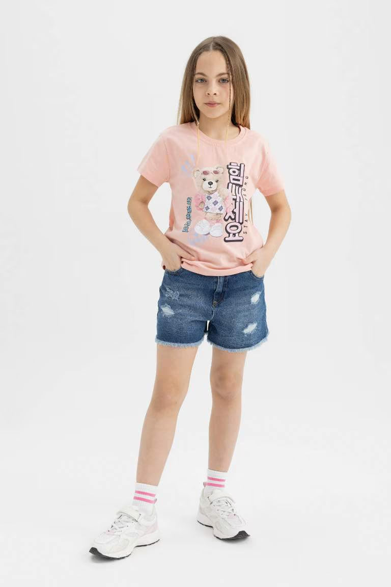Girl Teddy Bear Printed Short Sleeve T-Shirt - -