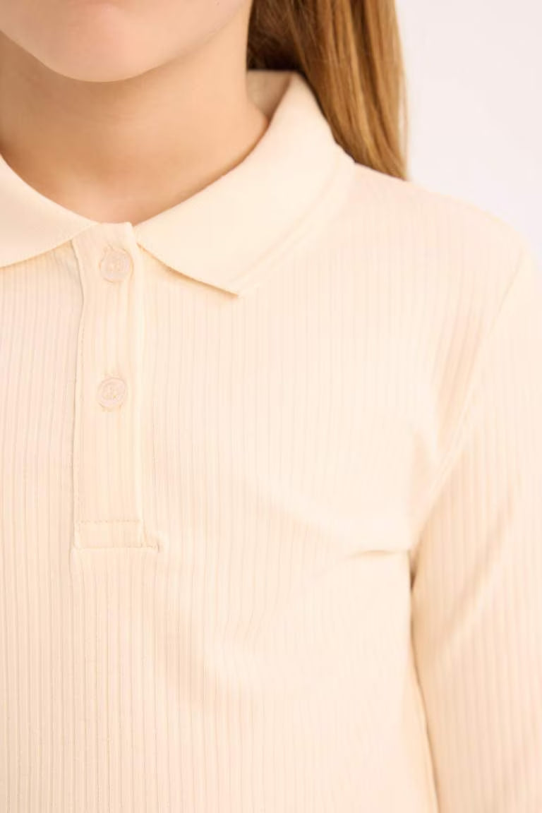 Girl Slim Fit Ribbed Long Sleeve Polo T-Shirt - -
