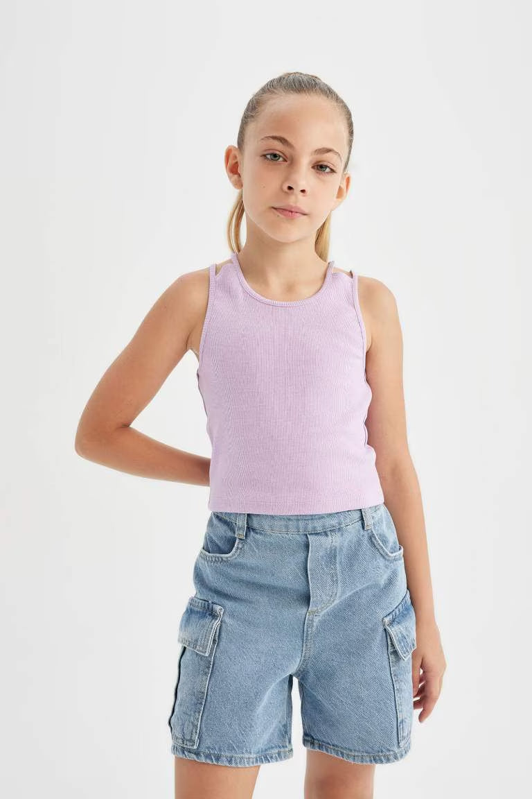 Girl Crew Neck Basic Crop Top - - lavender