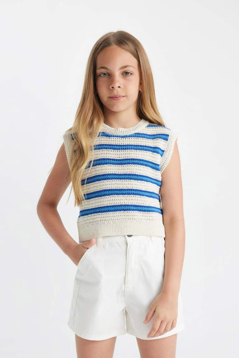 Girl Striped Openwork Crop Top - - Ecru