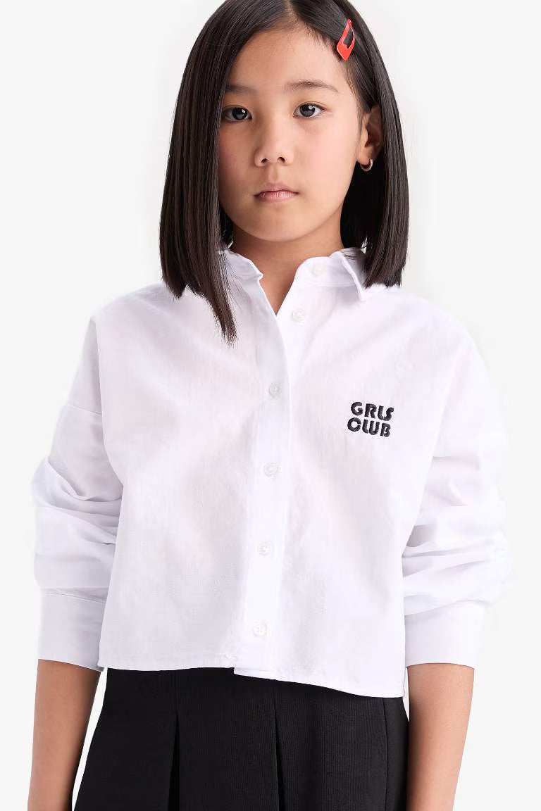 Girl Crop Oxford Long Sleeve Shirt - -