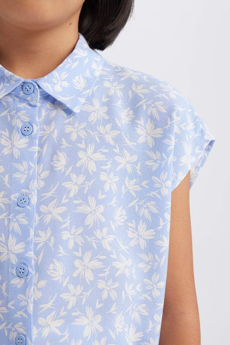 Girl Cotton Floral Short Sleeve Crop Shirt - -