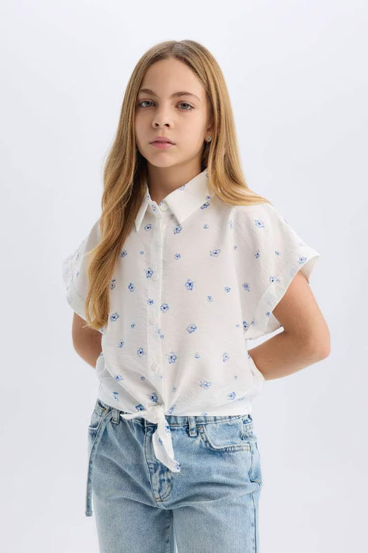 Girl Patterned Tie Detailed Crop Shirt - - Floral