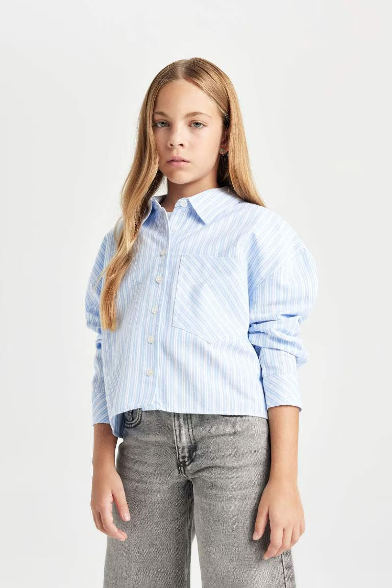 Girl Cotton Striped Long Sleeve Crop Shirt - - sky