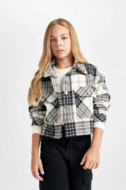 Girl Double Pocket Crop Jacket - - Multicolor