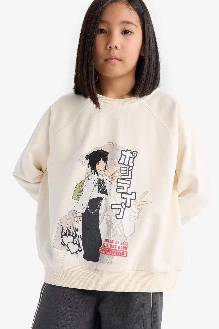 Girl Relax Fit Crew Neck Anime Printed Sweatshirt - -