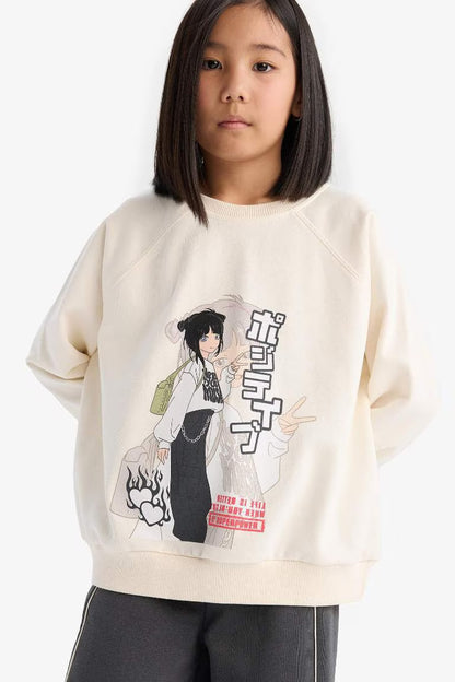 Girl Relax Fit Crew Neck Anime Printed Sweatshirt - -