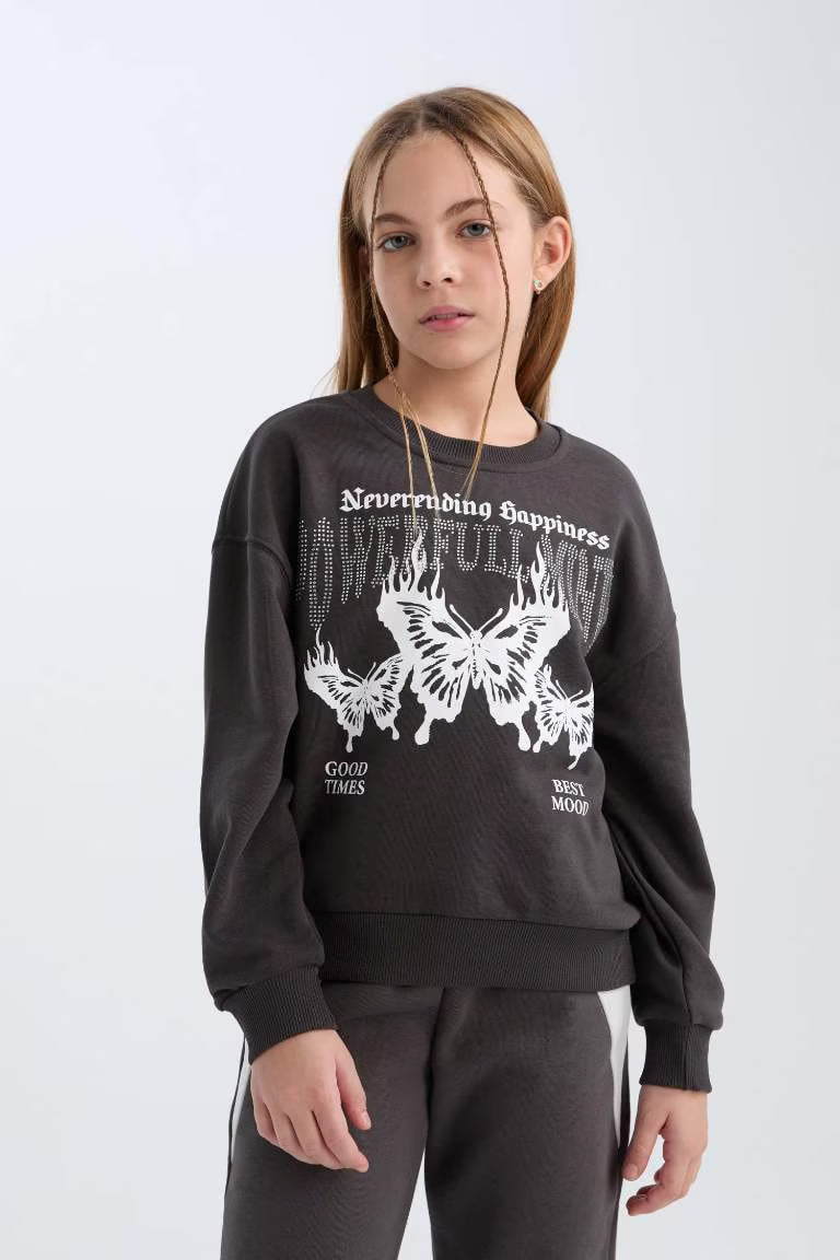 Girl Oversize Fit Pattern Crew Neck Printed Sweatshirt - - anthracite