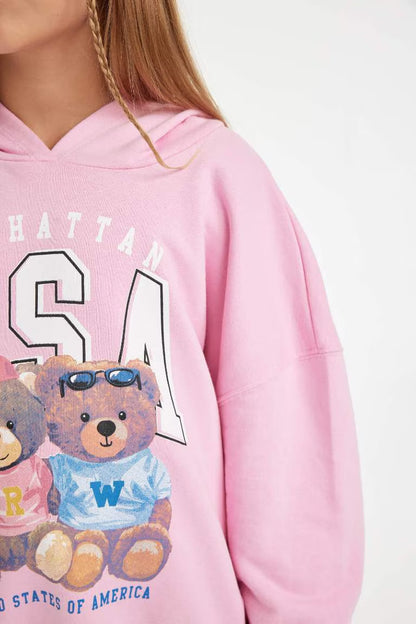 Girl Oversize Fit Hooded Bear Printed Sweatshirt - -