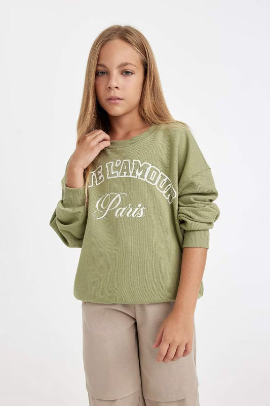 Girl Relax Fit Crew Neck Printed Sweatshirt - - khaki