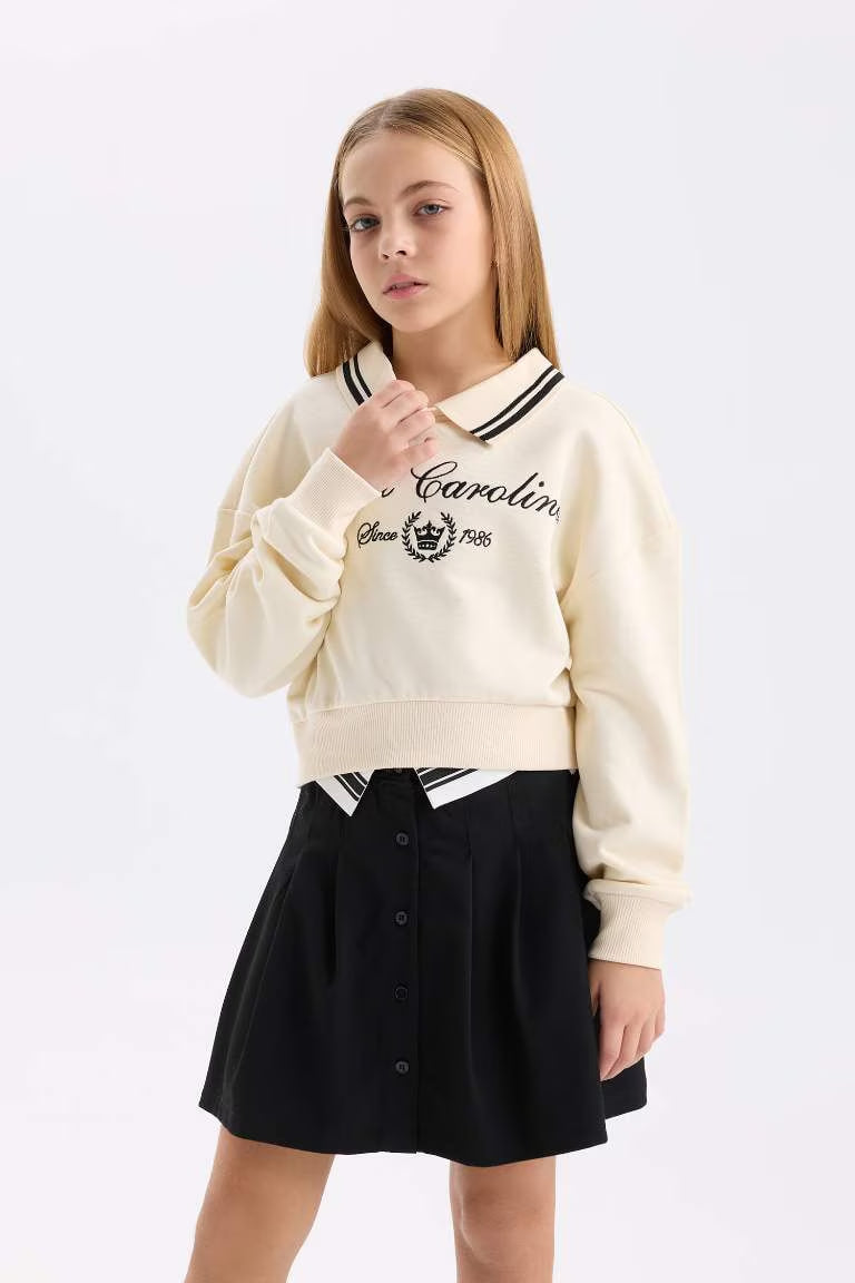 Girl Relax Fit Polo Neck Slogan Printed Sweatshirt - -